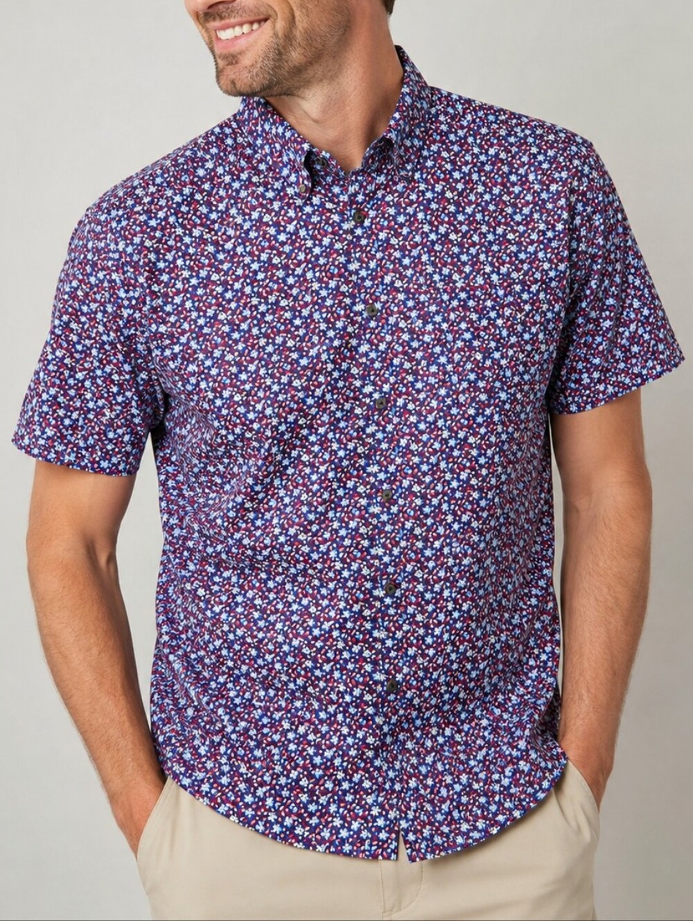 Marc Anthony Luxury Slim Fit Shirt XL Men Short Sleeve Floral Button-Up Blue Red